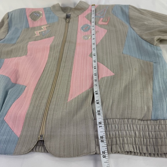Vintage Joyce Petite 1980s pink, blue and beige zippered geometric top medium - Picture 9 of 16